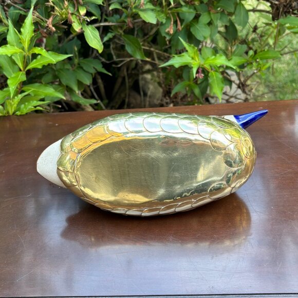 Vintage Mexican Tonala Duck Hand Painted Folk Art Bird with Solid Brass Overlay - Picture 7 of 13